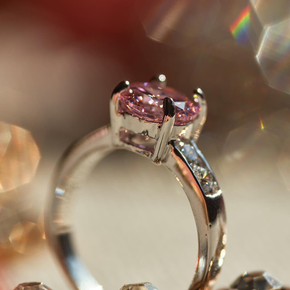 Close-up of a diamond ring with fine detailing and brilliant cut