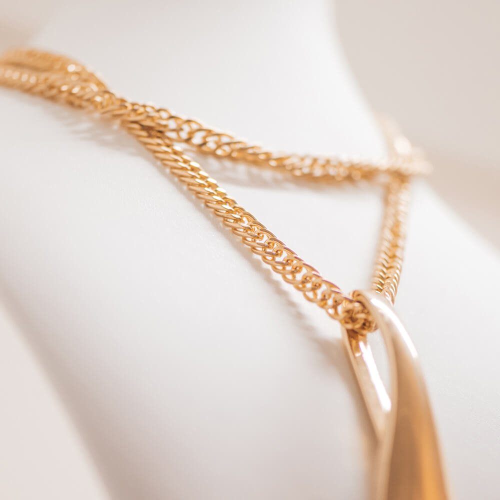 Close-up of a delicate gold necklace with fine chain detailing