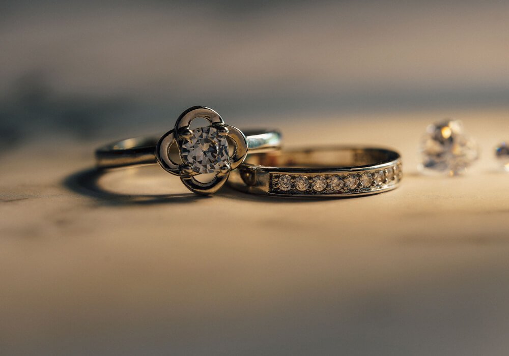 Gold engagement ring on display at a jewelry store in Cape Coral