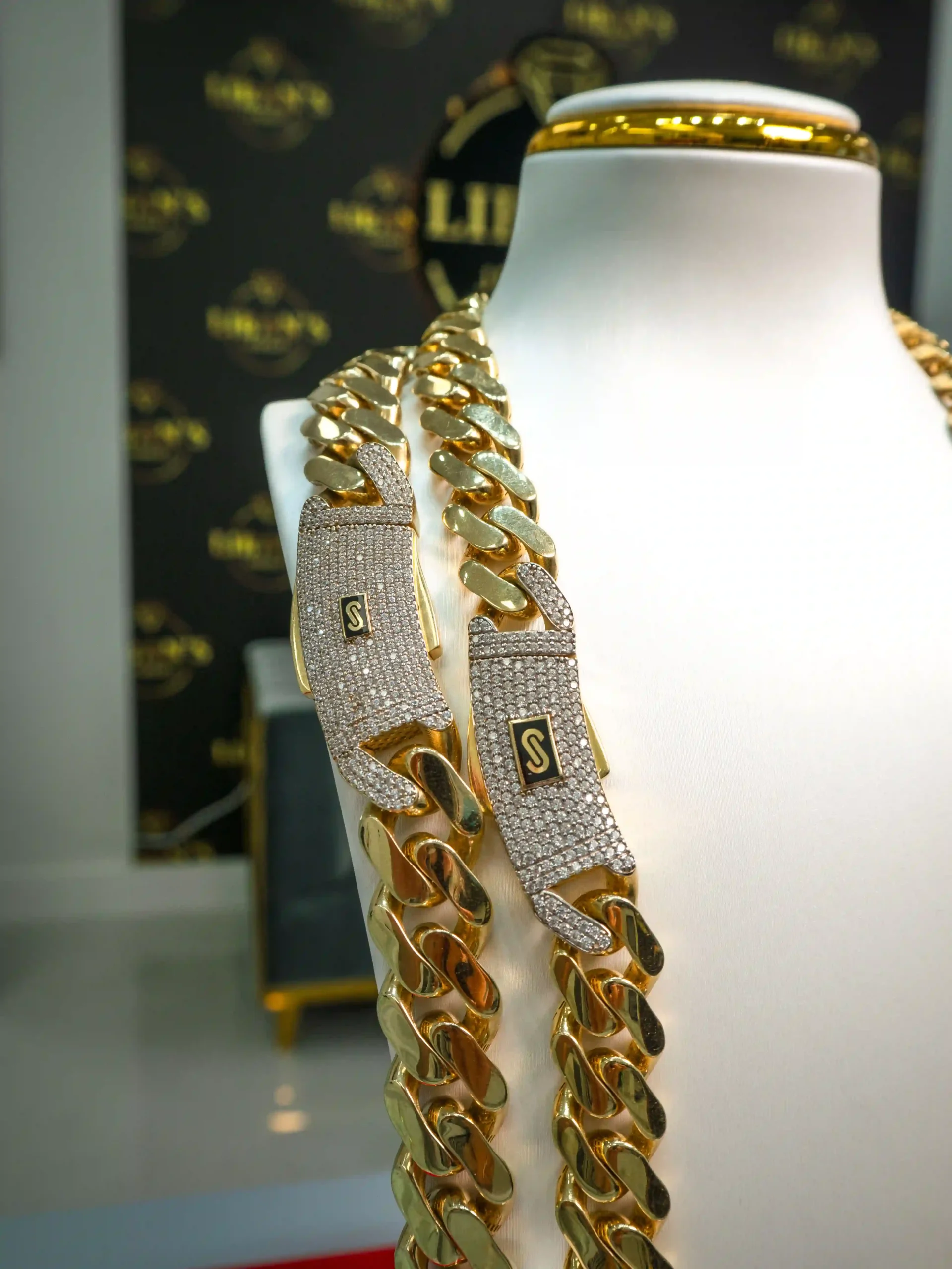Gold chain necklace on display at a jewelry store in Cape Coral