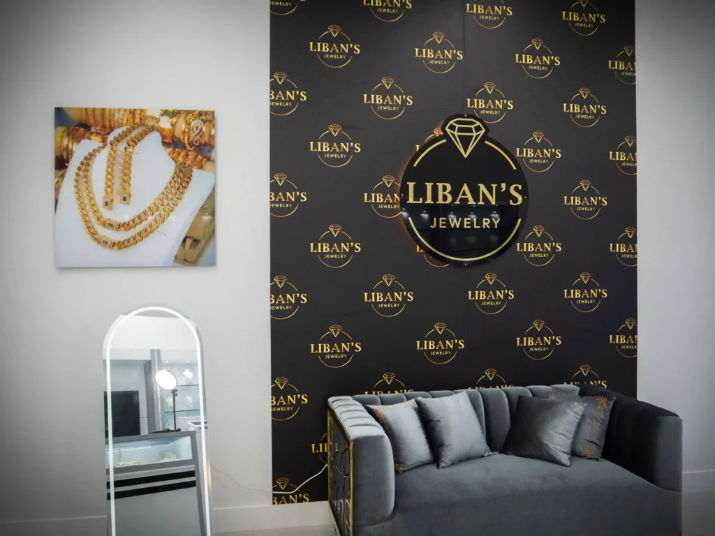 Interior view showing a wall display that identifies Liban’s Jewelry as a jewelry store in Cape Coral